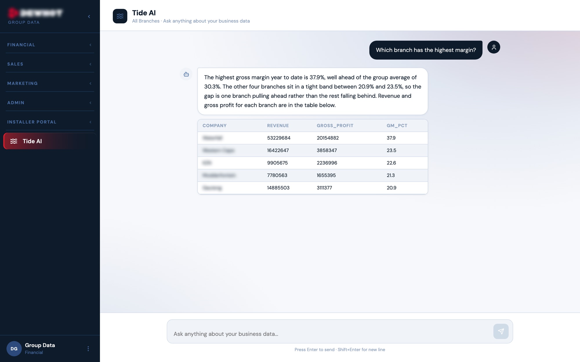 AI assistant answering a question with a results table