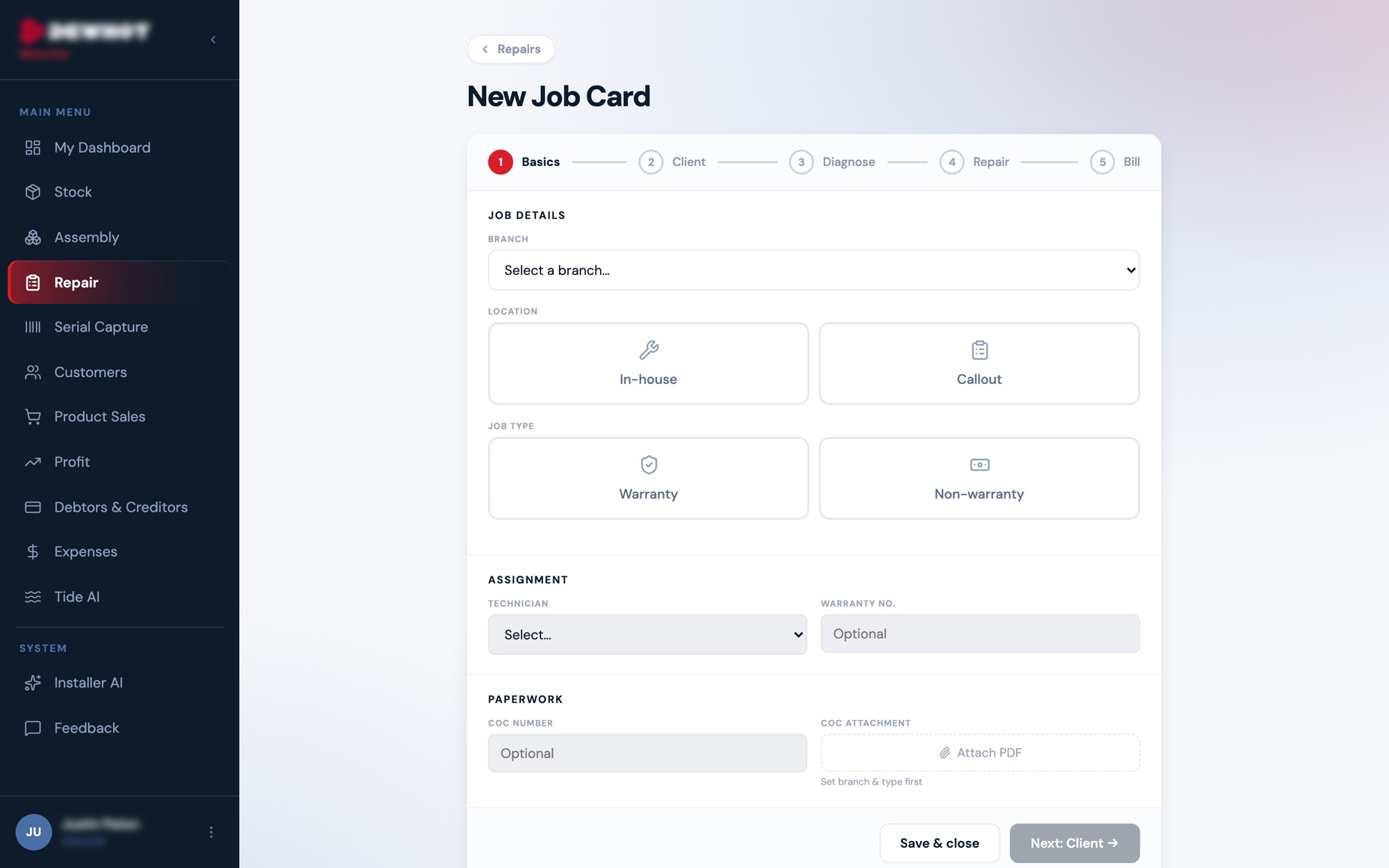 Five-step job card form for repair call-outs